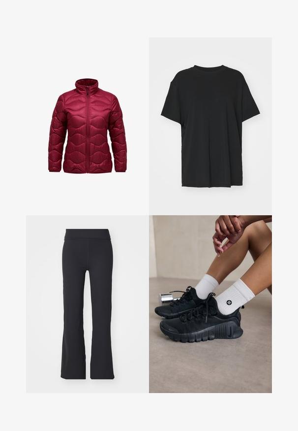 Giubbotto imbottito color borgogna con collare alto, zip frontale e design a onde trapuntato. Realizzato in materiale lucido e leggero.; T-shirt nera a maniche corte realizzata in un tessuto morbido, con collo rotondo e vestibilità ampia. Presenta delle fessure laterali per un comfort e una traspirabilità aggiuntivi.; Pantaloni neri svasati realizzati in tessuto elasticizzato con una vita alta. Presentano linee pulite e una texture liscia, adatti per un look casual.; Scarpe da ginnastica nere con tessuto texturizzato, design con lacci e suola prominente, abbinate a calze bianche a coste con un piccolo logo.