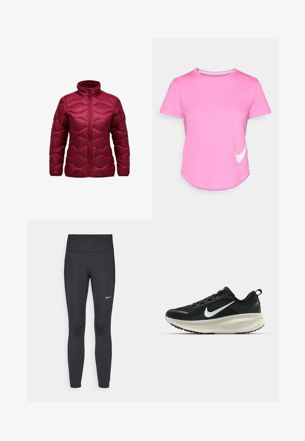 Burgunderfarbene gepolsterte Jacke mit hohem Kragen, frontalem Reißverschluss und einem gesteppten Wellen-Design. Hergestellt aus glänzendem, leichtem Material.; Rosa Nike-T-Shirt mit kurzen Ärmeln, rundem Ausschnitt, glatter Textur, mit einem weißen Logo auf der unteren linken Seite und abgerundetem Saum.; Schwarze Leggings aus elastischem Stoff, mit einem hohen Bund und einem weißen Nike-Logo auf dem linken Oberschenkel. Glatte Textur, figurbetontes Design.; Schwarzer Nike-Laufschuh mit atmungsaktivem Mesh-Obermaterial, weißem Swoosh-Logo, strukturierten Details und einer cremefarbenen ZoomX-Zwischensohle.
