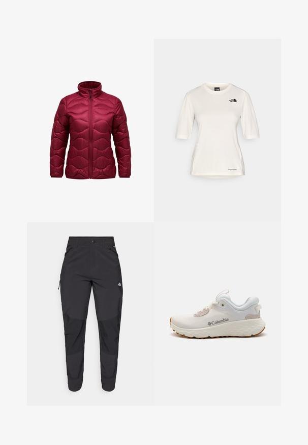 Podložena jakna v burgundski barvi z visokim ovratnikom, sprednjim zadrgo in prešito valovito zasnovo. Narejena iz sijočega, lahko materiala.; The North Face SHADOW SHORT SLEEVE  - Športne majice - white dune; Črne zunanje hlače iz trpežnega materiala. Imajo žepke na zadrgo, ojačane kolenske dele in ravno krojeno zasnovo za prosto gibanje.; Lahka športna obutev Columbia v beli mreži z teksturiranim sivim podplatom in gumijastim oprijemom. Ima podloženi ovratnik in vezalni dizajn.
