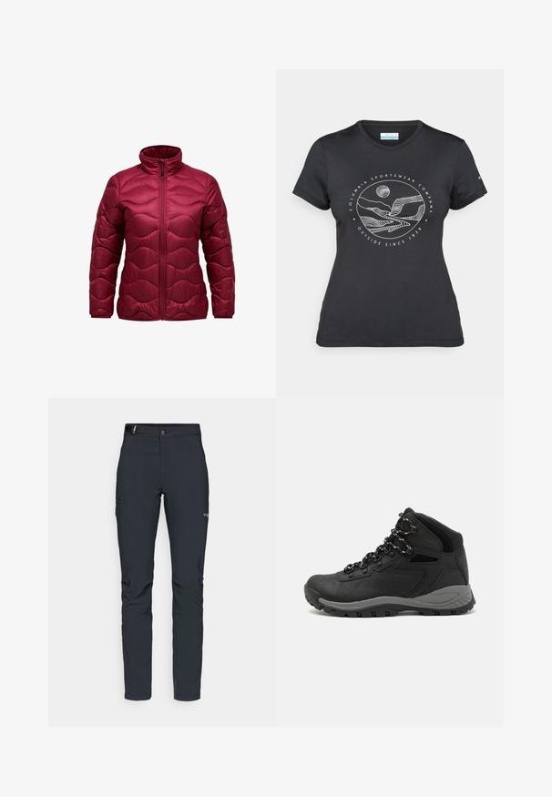 Giubbotto imbottito color borgogna con collare alto, zip frontale e design a onde trapuntato. Realizzato in materiale lucido e leggero.; Maglietta nera Columbia con arte lineare bianca di una montagna circolare e un fiume, e il testo "Columbia Sportswear Company Outside Since 1938."; Pantaloni da uomo per attività all'aperto, grigio scuro, realizzati in materiale elastico, dotati di cintura, tasche con zip e cuciture rinforzate.; Stivale da trekking nero con design a metà altezza, dotato di una tomaia texturizzata, accenti grigi e suola in gomma resistente con tasselli per la trazione.