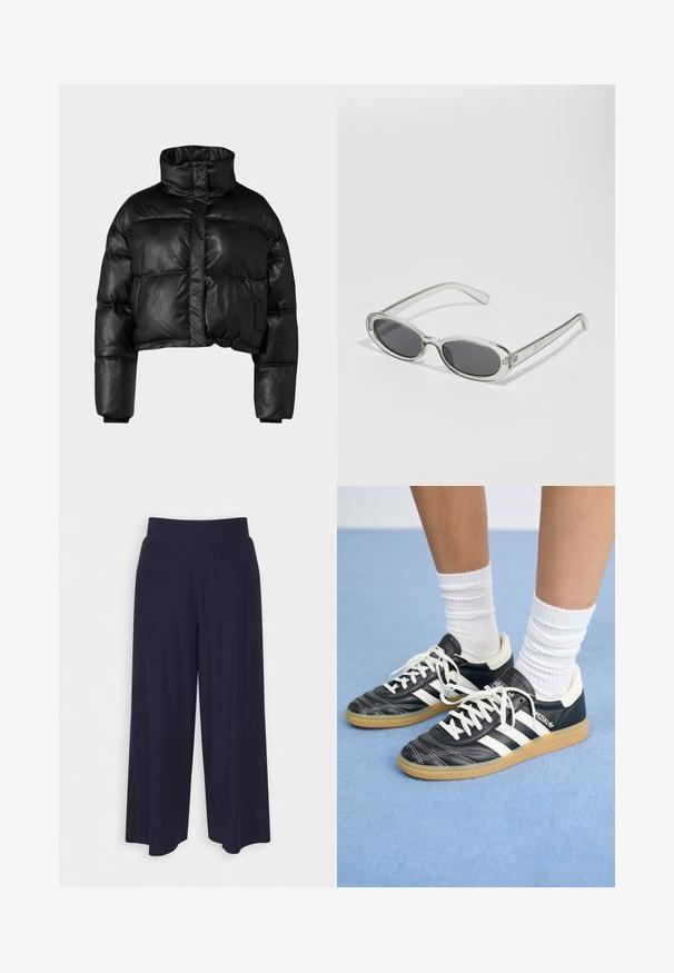 Svart kort pufferjacka i glansigt syntetmaterial, med hög krage, knappstängning och ribbade muddar.; Mörkgrå kortärmad topp med båthals. Tillverkad av ribbad tyg, med avslappnad passform och ren fåll. Enkelt design, inga mönster.; Breda byxor i mörk marinblått tyg med ribbat mönster. Har en slät midjeband och en svängd silhuett som når till mitten av vadbenet.; Svarta lädersneakers med vita ränder, rund tå, vita snören och sula av gummirubber. Betonar en vadderad krage och varumärkesdetaljer.; Sunglasses med oval form, klar plastbygel, mörkgrå linser och tunna genomskinliga armar med logotypsaccent och minimalt detaljerad design.