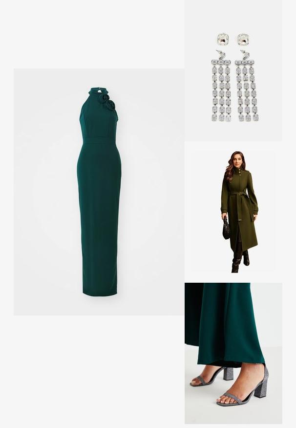 Lipsy Klasický kabát - olive green; Zelené šaty s halter výstrihom a priliehavým strihom, s kvetinovými ozdobami na ramenách a hladkým, elastickým materiálom.; Strieborné glitrové sandále na blokovom podpätku s dvoma tenkými remienkami a hranatou špičkou. V sprievode tmavozelenej dlhé šaty až po zem.; Strieborná sieťová kabelka s textúrovaným, tkaným dizajnom, so sklápacou chlopňou a odnímateľným reťazovým popruhom na nosenie.; Náušnice s krištáľovým kvapkovým dizajnom a striebornými kovovými prvkami, s plošným štvorcovým náušnicovým zámkom a kaskádou radov obdĺžnikových a osmičkových krištáľov.
