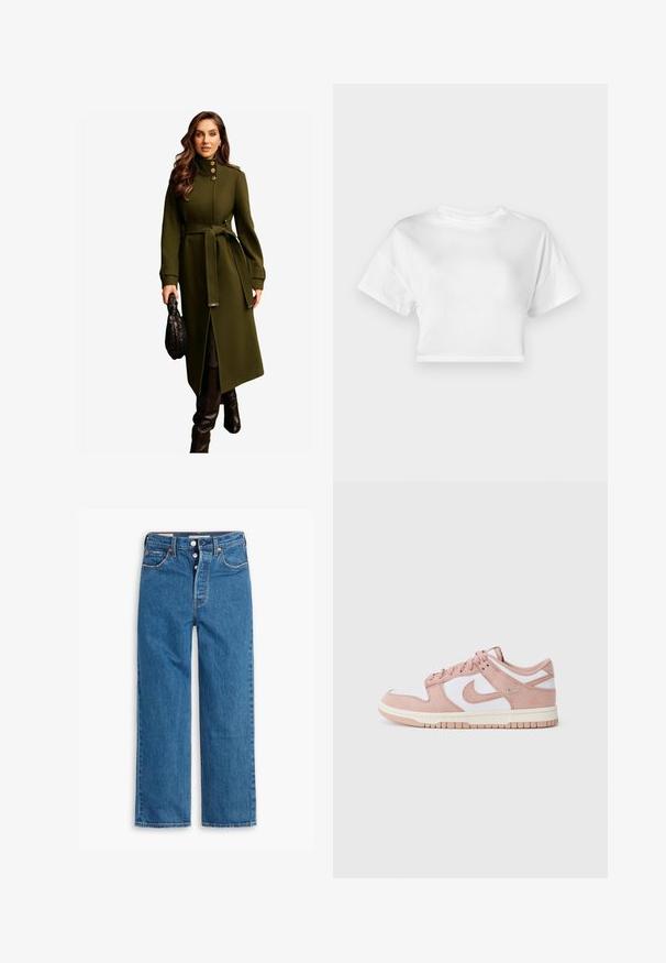 Lipsy Klasisks mētelis - olive green; Balts īsās piedurknes t-krekls, izgatavots no kokvilnas. Īsas piedurknes, apaļa kakla izgriezuma, gluda tekstūra, ikdienišķs dizains bez rakstiem vai rotājumiem.; Zilo denima taisna griezuma džinsi ar augstu vidukli, piecu kabatu dizainu un pogu aizdari. Pamanāmas šuves un vara krāsas kniedes.; Sporta apavi ar mīkstu rozā zamšādas virsu, baltām ādas detaļām un tekstūru gumijas zoli. Izceļas ar ievērojamu swoosh logo sānos, šņorējuma dizains.