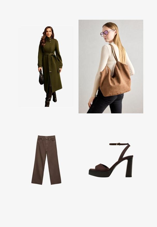 Lipsy Cappotto classico - olive green; T-shirt bianco a maniche corte realizzato in cotone. Presenta un collo tondo e una vestibilità rilassata. Texture liscia senza motivi o dettagli visibili.; Jeans a gamba larga marroni in denim, con vita alta, tasche anteriori e chiusura a bottone classica. Tessuto liscio con cuciture sottili.; Sandal in camoscio marrone con tacco alto, punta aperta, cinturino alla caviglia regolabile e suola a piattaforma striata.; Borsa a tracolla in suede marrone con texture morbida, ampia apertura e lunghe cinghie. Caratterizzata da un design semplice con cuciture visibili e senza accessori.