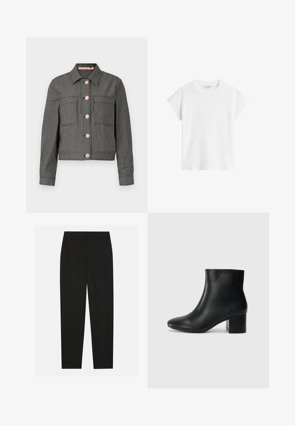 Stripete denimjakke i svart og hvitt med gullfargede knappelukkinger, fire frontlommer og kragehals. Skreddersydd passform, kort lengde.; Hvit kortermet t-skjorte laget av bomull. Har en avslappet passform med rund halslinning og lett senkede skuldersømmer. Ingen mønstre eller detaljer.; Sorte bukser med skreddersydd design, med sidelommer og rett ben. Laget av glatt, lett stoff med en elegant finish.; Sorte skinn ankelsko med spiss tå og chunky hæl. Glatt tekstur med minimale detaljer og et elegant, tettsittende design.