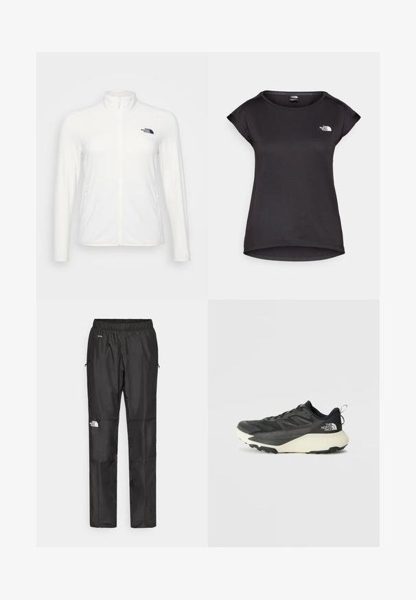 Valge fliisjakker kõrge krae, lukuga ees ja kahe küljetaskuga. Vasakul rinnal on must logo. Sile tekstuur.; The North Face TANKEN TANK - Spordi T-särk - black; Mustad veepidavad püksid, mis on valmistatud kergest kangast, elastse vöökoha, küljetaskute ja logo kahel jalal.; Musty mustusjalats musta pealisega, millel on tekstuur, hallid aktsendid ja valge vaheosa. Sisaldab tõmbeosa ning silmapaistvat brändi logo kandadel.