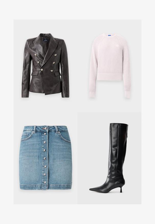 Blazer in pelle marrone scuro con texture a coccodrillo, design doppiopetto, bottoni argentati e tasche frontali doppie.; Maglione corto rosa chiaro con texture a coste, collo rotondo e maniche lunghe. Presenta un piccolo logo sul petto.; Minigonna di denim azzurro chiaro con chiusura frontale a bottoni con ferramenta argentata, due tasche frontali e orlo sfrangiato.; Stivale in pelle nera alto fino al ginocchio con punta affusolata e tacco sottile e curvato. Texture liscia, design aderente e senza hardware o motivi visibili.