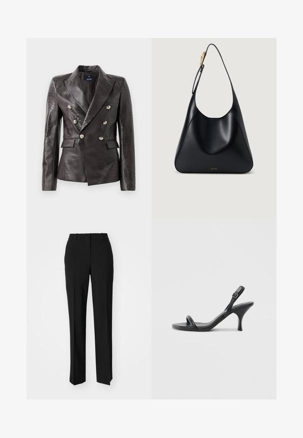 Sacou din piele maro închis cu textură de crocodil, design cu două rânduri de butoane, butoane argintii și două buzunare frontale.; Tricou alb din bumbac cu mâneci scurte, guler rotund și o croială relaxată. Textură netedă, fără imprimeuri sau accente, design minimalist.; Pantaloni negri tailor-ed cu un design drept, având o textură fină și cute clare pe față. Fără elemente de prindere vizibile.; Sandale cu toc înalt din piele neagră, cu un toc subțire și curbat și un design cu curea încrucișată. Curea la gleznă ajustabilă. Textură netedă.; Geantă de umăr din piele neagră, cu o textură netedă, siluetă curbată și un accent din hardware aurit. Prezintă logo-ul brandului embosat la bază.