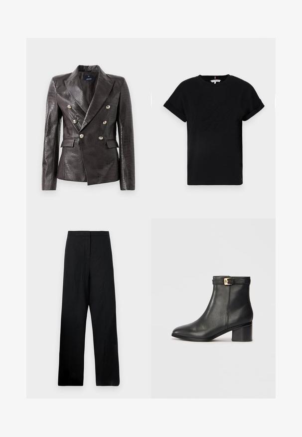 Ciemnobrązowa skórzana marynarka z teksturą krokodyla, podwójnie zapięta, z metalowymi guzikami oraz dwoma przednimi kieszeniami.; Czarna bawełniana koszulka z krótkimi, podwiniętymi rękawami, z wytłoczonym logo na środku i małym akcentem flagi z boku.; Czarne szerokie spodnie wykonane z lekkiego materiału. Posiadają gładką teksturę, wysoki stan oraz minimalne detale szwów.; Czarne skórzane botki za kostkę o gładkiej fakturze, okrągłym nosku i złotym zapięciu na pasku wokół kostki. Design na obcasie blokowym.