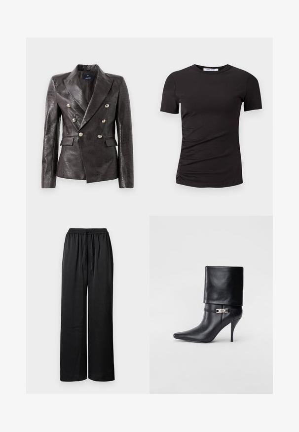 Sötétbarna bőr blézer krokodilbőr textúrával, dupla soros kivitel, ezüst gombokkal és dupla elülső zsebbel.; Fekete, rövid ujjú póló, puha anyagból készült, kerek nyakkivágással és bal oldalon ráncolt részletekkel a diszkrét textúra érdekében.; Fekete, bőszárú nadrág elasztikus derékkal, zsinóros záródással és sima textúrával. Kényelmes és szabad mozgást biztosító laza szabással rendelkezik.; Fekete bőr bokacsizma hegyes orral, magas stiletto sarokkal, hajtott szegéllyel és arany díszcsattal a bokán.