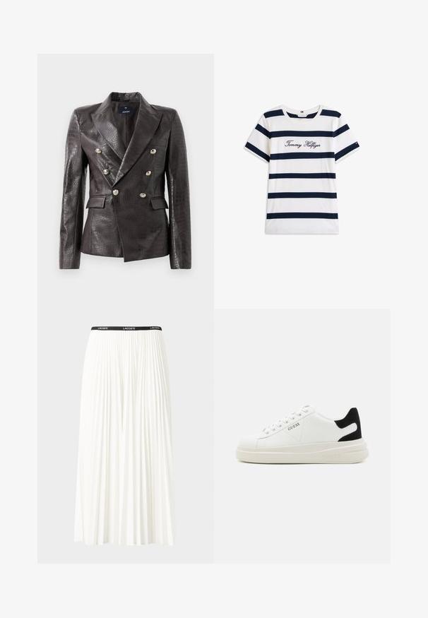 Tmavohnedý kožený blejzer s krokodílovou textúrou, dvojradové zapínanie, strieborné gombíky a dvojité predné vrecká.; Bavlnené tričko s horizontálnymi námorníckymi pruhmi na bielom pozadí. "Tommy Hilfiger" vyšívané kurzívou na hrudi. Okrúhly výstrih.; Plisovaná biela sukňa s čiernym elastickým pásom s logom "LACOSTE". Sukňa je stredne dlhá a má mäkkú textúru.; Biele kožené tenisky s hrubou bielou podrážkou, čiernym zamekom na päte a vyrazeným logom na boku. Šnurovací dizajn so šiestimi očkami.