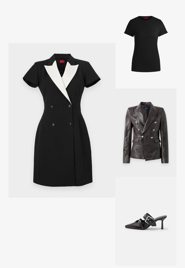 Tumši brūns ādas žakets ar krokodila tekstūru, divrindu dizains, sudraba pogas un divas priekšējās kabatas.; Melnas kokvilnas t-krekls ar īsām rullējošām piedurknēm, apaļu kakla izgriezumu un sarkanu etiķeti. Gluda tekstūra, pieguļošs siluets ar minimālu dizainu.; Melna divrindu kleita ar īsām piedurknēm, baltām šallei līdzīgām klātēm un melniem pogām. Pietiekami pieguļošs krokojošs dizains.; Melnas augstpapēžu mūles ar norādītu purngalu, izgatavotas no gludas ādas. Iekļauj plašu potītes siksnu ar kvadrātveida sudraba sprādzi un kniedēm.