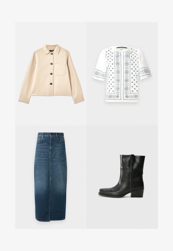Bež jakna od vune s kragnom, šest crnih dugmadi i džepom na prsima. Ima duge rukave i skraćeni dizajn.; Bijela kratka majica s kratkim rukavima koja sadrži plavu cvjetnu vez, okrugli izrez i složene uzorke duž prednje strane i rukava.; Traper suknja midi dužine u tamnoplavoj boji, s prednjim prorezom i blagim izbljeđivanjem. Klasičan dizajn s pet džepova i metalnim zatvaranjem.; Crne kožne čizme do članaka s okruglim vrhom, blok potpeticom, bočnim patentnim zatvaračem i detaljima od šavova na gornjem dijelu. Glatka tekstura, klasičan dizajn.