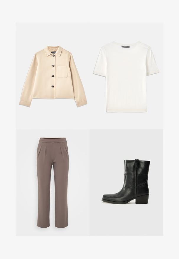 Bež villasegu jakk, millel on kaelus, kuus musta nööpi ja rinnatasku. Omab pikki varrukasid ja lühikest disaini.; Valge lühikeste varrukatega soonikutega viimistletud ringkaelusega kampsun, millel on sile tekstuur.; Taupe värvi lahtised püksid elastse vöökohtadega ja ees pleated, valmistatud siledast kangast.; Musta nahast pahkluu saabas ümarate varvastega, plokknäppu, külgsepa ja pealsetel õmblusest aktsentidega. Sile tekstuur, klassikaline disain.