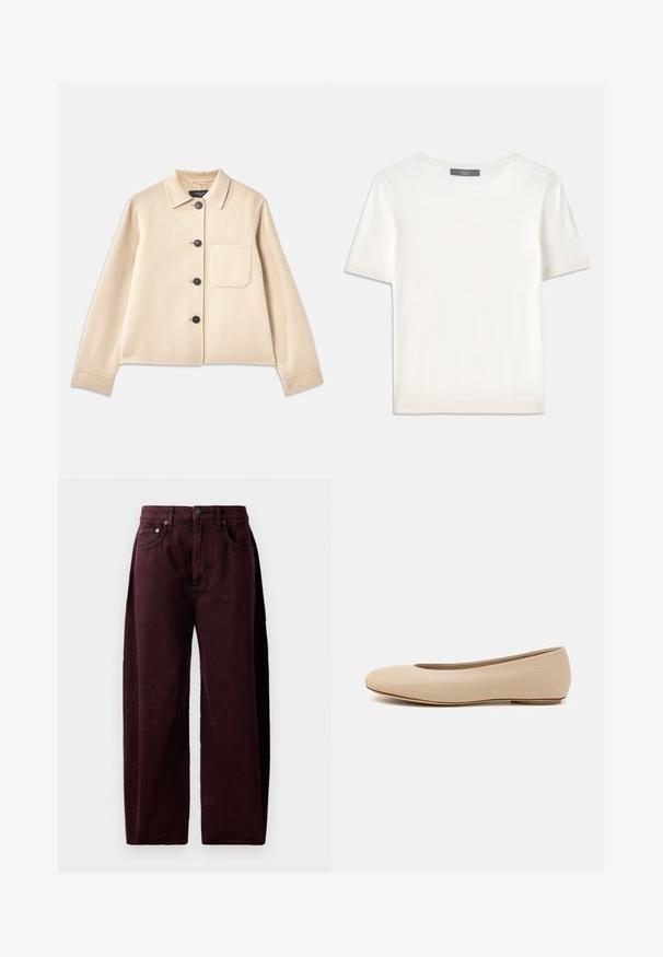 Beige wool blend jacket with a collared neck, six black buttons, and a chest pocket. Features long sleeves and a cropped design.; White short-sleeve knit top with a round neckline, featuring a smooth texture and subtle ribbed accents at sleeves and hem.; Burgundy wide-leg jeans in cotton denim, featuring a high waist, front pockets, and visible stitching. Classic five-pocket design.; Beige leather ballet flat with rounded toe, minimal seam detailing, low heel, and subtle logo on the back. Smooth, matte texture.
