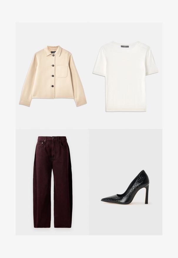 Bež villasegu jakk, millel on kaelus, kuus musta nööpi ja rinnatasku. Omab pikki varrukasid ja lühikest disaini.; Valge lühikeste varrukatega soonikutega viimistletud ringkaelusega kampsun, millel on sile tekstuur.; Burgundia laiad põlveküljega teksad puuvillaste denimist, millel on kõrge vöökoht, esimesed taskud ja nähtav õmblus. Klassikaline viie taskuga disain.; Mustan teravaotsaga kõrge kontsaga king, millel on krokodillimustriga tekstuur, stiilne disain, kõrge stilettokonts ja sile must sisesisustus.