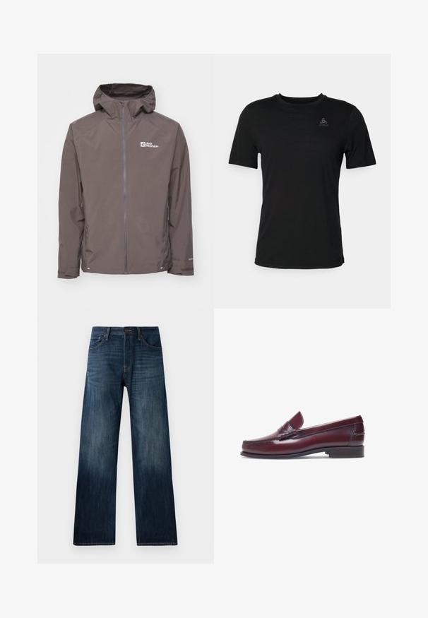 Veste imperméable marron avec une capuche, fermeture éclair et poches latérales. Présente un tissu texturé et un logo sur la zone de la poitrine gauche.; T-shirt noir en tissu léger, avec un col rond, des manches courtes et un petit logo de la marque en haut à gauche.; Jeans en denim bleu foncé avec une coupe droite, présentant une texture légère, des passants de ceinture, et un style classique à cinq poches.; Mocassin en cuir bordeaux avec un bout arrondi, des détails cousus et un petit accent décoratif sur le devant. Semelle plate contrastante.