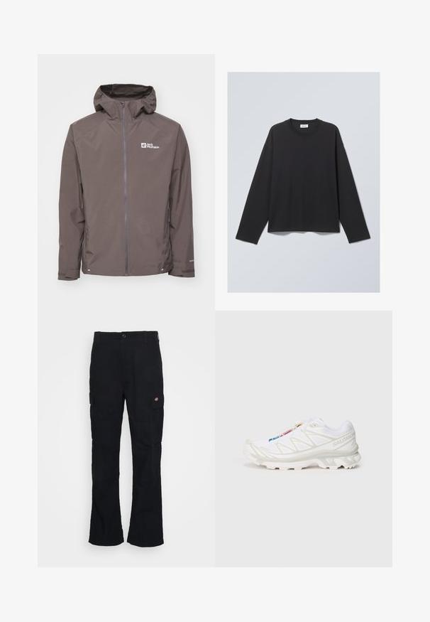 Jachetă impermeabilă maro cu glugă, închidere cu fermoar și buzunare laterale. Are un material texturat și un logo pe partea stângă a pieptului.; Tricou negru cu mânecă lungă, realizat dintr-un material moale. Prezintă un decolteu rotund și o croială lejeră. Detalii de cusătură pe umeri, design minimalistic.; Pantaloni cargo negri cu un design drept, fabricați dintr-un material durabil, având buzunare laterale și un logo aplicat pe partea stângă.; Pantofiori atletici albi cu superior din plasă texturată, accente reflective și talpă amortizată. Logo-ul notabil al brandului pe lateral.