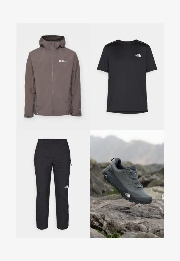 Brown waterproof jacket with a hood, zip closure, and side pockets. Features textured fabric and a logo on the left chest area.; Black short-sleeve T-shirt made from lightweight fabric. Features a small white logo on the left chest and subtle shoulder accents.; The North Face WINTER EXPLORATION TAPERED CARGO - Outdoor trousers - black; Grey trail running shoe with a textured upper, durable rubber sole, and reinforced toe cap. Features laces and brand logo on the side.