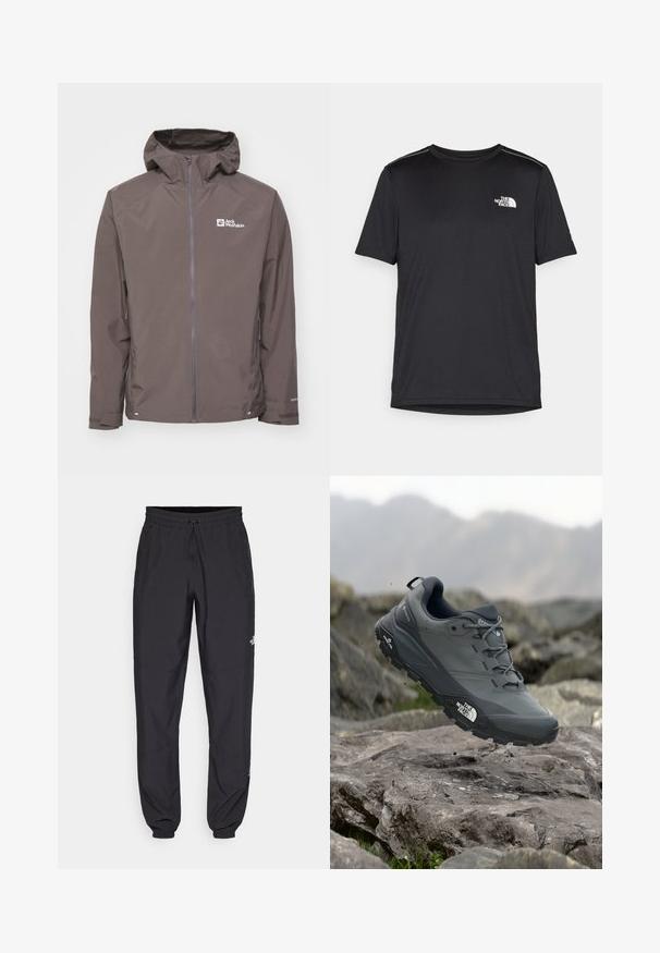 Veste imperméable marron avec une capuche, fermeture éclair et poches latérales. Présente un tissu texturé et un logo sur la zone de la poitrine gauche.; T-shirt noir à manches courtes en tissu léger. Présente un petit logo blanc sur la poitrine gauche et des accents subtils aux épaules.; Pantalon de sport noir en tissu léger, avec une taille à cordon, des poches latérales et des chevilles resserrées.; Chaussure de trail running grise avec un dessus texturé, semelle en caoutchouc durable et chaussure renforcée à l'avant. Comprend des lacets et un logo de la marque sur le côté.