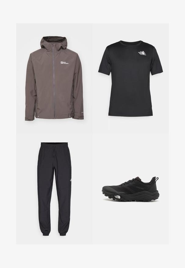 Veste imperméable marron avec une capuche, fermeture éclair et poches latérales. Présente un tissu texturé et un logo sur la zone de la poitrine gauche.; T-shirt noir à manches courtes fabriqué en tissu léger. Dispose d'un logo blanc sur le côté gauche du torse, d'un col rond et d'une texture lisse.; Pantalon de sport noir en tissu léger, avec une taille à cordon, des poches latérales et des chevilles resserrées.; Chaussure de trail running noire avec une tige texturée, semelle en caoutchouc et bout renforcé. Présente un col rembourré et une tirette pour un enfilage facile.