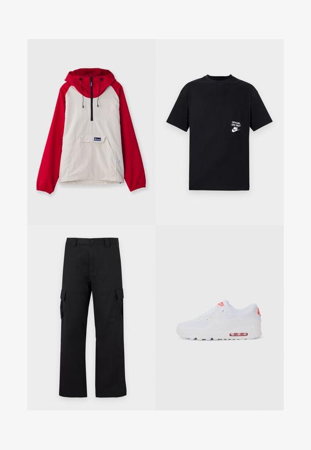 Anorak jacket featuring a beige body with red raglan sleeves, a front pocket, and adjustable drawstrings on the hood. Black zipper detail.; Black cotton t-shirt with short sleeves, round neckline, featuring white text “OFFICIAL USE ONLY” and Nike logo on the left chest.; Black cargo pants with a straight leg design. Made from durable fabric, featuring two side pockets with flap closures and a button fly.; White athletic sneaker featuring a smooth upper, lace closure, cushioned sole, and a visible air unit with red accents on the branding.