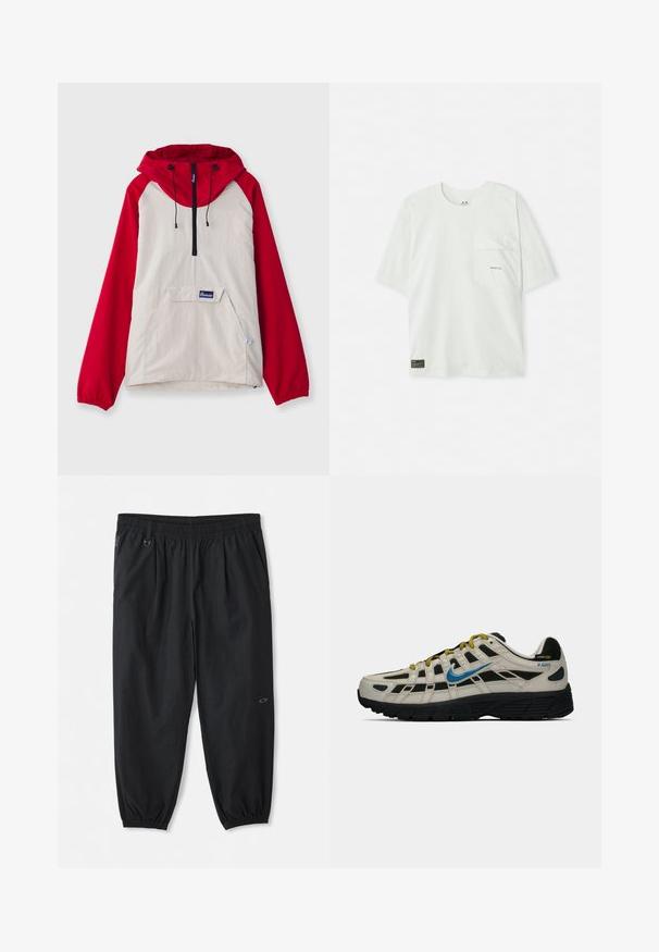 Jachetă anorak cu un corp bej și mâneci raglan roșii, o pungă frontală și șnururi ajustabile la glugă. Detaliu cu fermoar negru.; Tricou cu mânecă scurtă, de culoare verde deschis, fabricat din bumbac. Are un buzunar pe piept și un mic logo aproape de buzunar. Textură moale, design casual.; Pantaloni casual negri cu talie elastică, buzunare laterale, manșete elastice la glezne și un mic logo pe coapsa dreaptă.; Adidași Nike P-6000 bej și negri cu swoosh albastru, șireți galbeni, talpă neagră și etichetă din material Cordura pe toc.