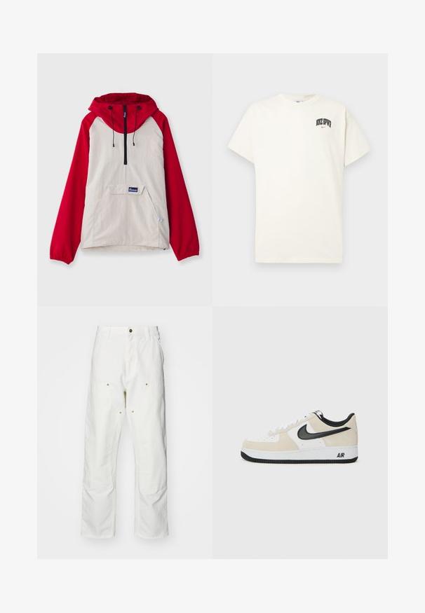 Anorak bunda so béžovým telom, červenými raglánovými rukávmi, prednou kapsou a nastaviteľnými šnúrkami na kapucni. Čierny zips ako detail.; Krémová bavlnená tričko s krátkymi rukávmi, s nápisom "NIKE SB" v čiernej a červenej farbe na hrudi. Štandardný okrúhly výstrih.; Biele bavlnené cargo nohavice s voľným strihom. Medzi vlastnosti patrí predné vrecká, zlaté detaily a zosilnené kolenné časti.; Tenisky s hornou časťou z ľahkej béžovej semišovej kože a bielej kože, čierny Nike swoosh, čierne akcenty a biela gumová podrážka s brandingom "AIR".