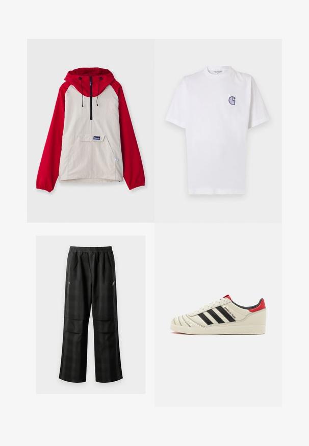 Anorak bunda so béžovým telom, červenými raglánovými rukávmi, prednou kapsou a nastaviteľnými šnúrkami na kapucni. Čierny zips ako detail.; Biele bavlnené tričko s krátkymi rukávmi, okrúhlym výstrihom a malým vyšivaným modrým logom "C" na ľavej strane hrudníka.; Čierne kockované nohavice s elastickým pásom, dvoma prednými vreckami a voľným strihom so rovnými nohavicami. Vyrobené z ľahkého materiálu.; Krémové kožené tenisky s čiernymi pruhmi, červenými akcentmi na päte a štruktúrovanými detailmi. Obsahujú gumovú podrážku a šnurovanie.