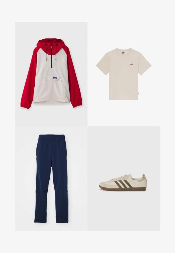 Beige testű anorák dzseki, piros rávarrt ujjaival, elülső zsebbel és állítható húzózsinórral a kapucnin. Fekete cipzáros részlet.; Krém színű pamut póló rövid ujjal, kerek nyakkivágással és kis, több színű hímzett logóval a mellkasán.; Sötétkék sportnadrág rugalmas anyagból, széles gumis derékrésszel, egyenes szabással és világos oldalsó panel díszítésekkel, rajtuk logók.; adidas Originals SAMBA OG UNISEX - Sportcipő - alumina/medium dark khaki/gum
