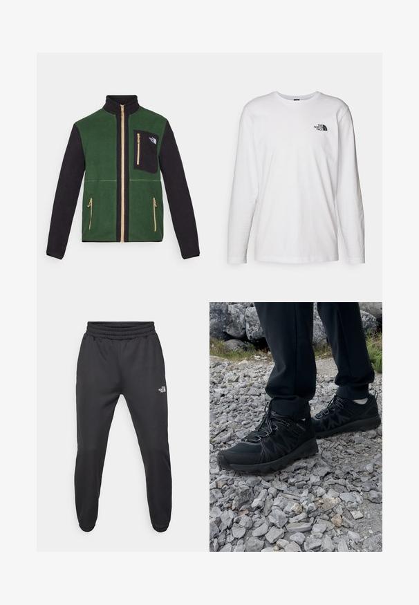 Giacca in pile con corpo verde e maniche nere, zip dorate e tasca sul petto con zip e logo. Texture morbida e design casual.; T-shirt bianco a maniche lunghe in cotone con colletto rotondo. Presenta un piccolo logo nero sul petto. Texture liscia, vestibilità regolare.; Pantaloni sportivi neri con vita regolabile tramitecordino, vestibilità affusolata, polsini elasticizzati e un piccolo logo bianco sulla coscia sinistra, realizzati in tessuto morbido.; Scarpe da esterni nere realizzate in mesh e materiale sintetico, con una parte superiore testurizzata, un sistema di allacciatura sicuro e una suola robusta, su terreno roccioso.