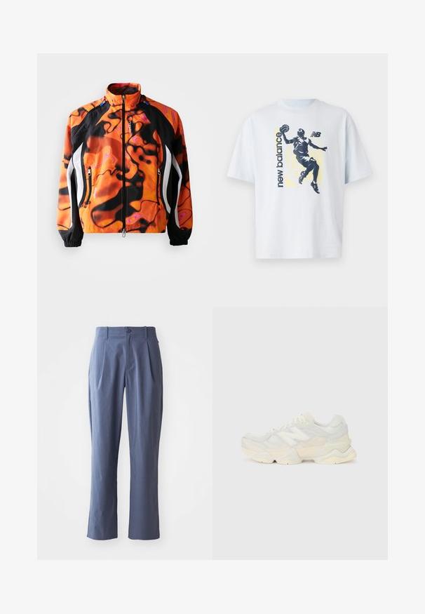 Veste orange vif et noire avec des motifs abstraits, fermeture éclair, col montant, poignets élastiques et accents blancs sur les côtés.; T-shirt en coton bleu clair avec une silhouette sombre d'un joueur de basketball et le texte "new balance" dans des couleurs contrastées. Manches courtes.; Pantalon bleu marine avec plis, coupe droite, en tissu léger, avec une fermeture à un bouton à l'avant et des passants de ceinture.; Sneaker léger avec une tige en maille et en daim dans des teintes crèmes douces, doté d'une semelle épaisse et d'accents tridimensionnels.