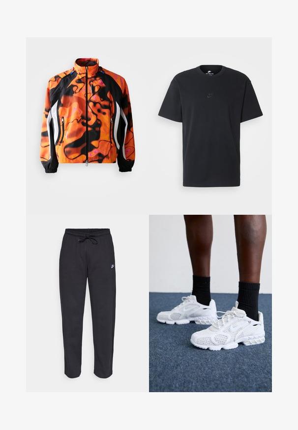 Bright orange and black jacket with abstract patterns, zip closure, high collar, elastic cuffs, and white accents along sides.; Nike black cotton t-shirt with a classic crew neck, short sleeves, and a subtle, embossed logo on the chest. Smooth texture.; Black sweatpants made of soft fabric with an elastic waistband, drawstring, and a small Nike logo on the left thigh.; White athletic shoes with mesh upper, textured accents, and cushioned sole. Paired with black ribbed ankle socks on a blue carpeted surface.