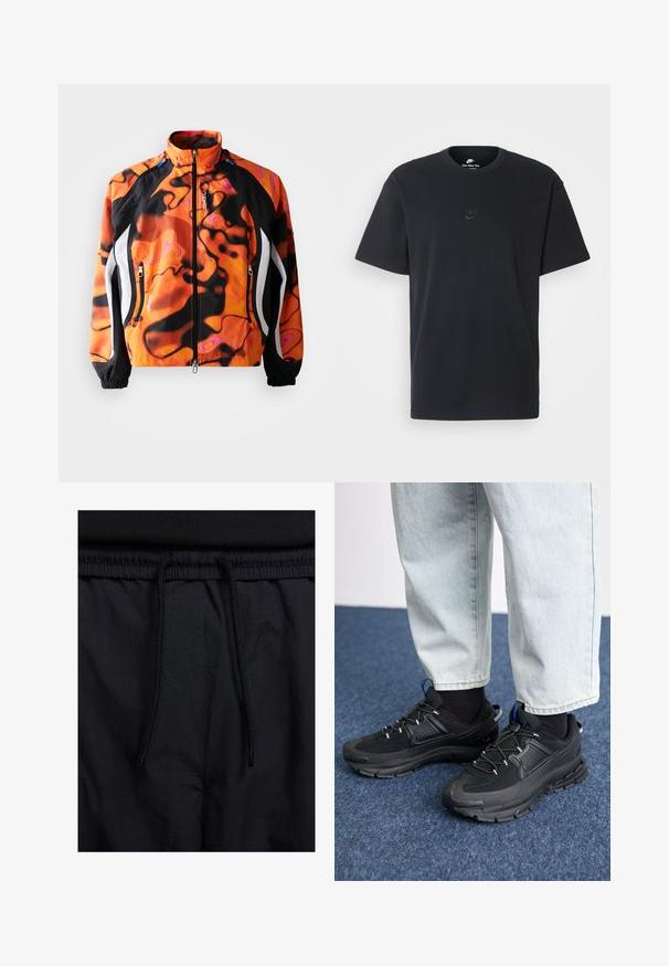 Jachetă strălucitor portocalie și neagră cu modele abstracte, închidere cu fermoar, guler înalt, manșete elastice și accente albe pe laterale.; Tricou din bumbac negru Nike, cu guler rotund clasic, mâneci scurte și un logo subtil embosat pe piept. Textură netedă.; Șorturi negre cu un brâu reglabil, dintr-un material ușor cu o textură netedă și un design simplu, fără logo-uri sau modele vizibile.; Pantofi sport negri, cu țesătură texturată și tălpi din cauciuc, având șireturi elastice și un accent albastru pe toc. Purtați cu pantaloni din denim deschis.