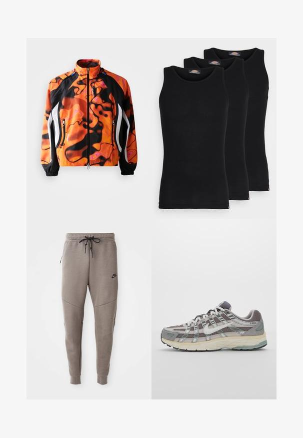 Klar orange og svart jakke med abstrakte mønstre, glidelås foran, høy krage, elastiske mansjetter og hvite detaljer langs sidene.; Sorte tanktopper i en pakke med tre. Ribbet tekstur, standard rund hals, uten ermer. Sømmen har en liten merkevarelogo nederst.; Grå Nike joggebukser med snor i midjen, smale ben, sidelommer og distinkte sømdetaljer. Myk, teksturert stoff.; Grå treningssko med overdel i nett og semsket skinn, hvite detaljer, en polstret såle, og et særpreget design med reflekterende elementer.