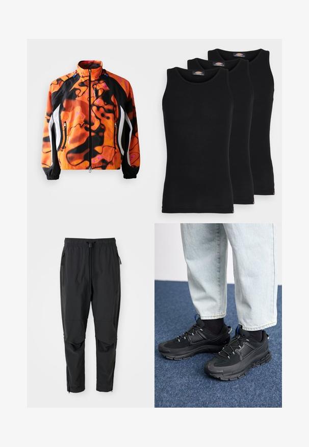 Žybsčio oranžinės ir juodos spalvos striukė su abstrakčiais raštais, užtrauktuku, aukštu apykakle, elastiniais rankogaliais ir baltais akcentais šonuose.; Juodi maikutai trijų pakuotėje. Raštuota tekstūra, standartinė apvalia iškirpte, be rankovių. Apačia papuošta mažuoju prekės ženklu.; Juodos lengvos kelnės su elastinga juostos dalimi, raiškiu virvutėmis, užtrauktuko šoninėmis kišenėmis, artikuliuotomis keliais ir kulkšnies užtrauktukais.; Juodi sportiniai bateliai su tekstūruota medžiaga ir guminiais padais, su elastingomis raišteliais ir mėlynu akcentu ant kulno. Dėvimi su šviesiai mėlynomis džinsinėmis kelnėmis.