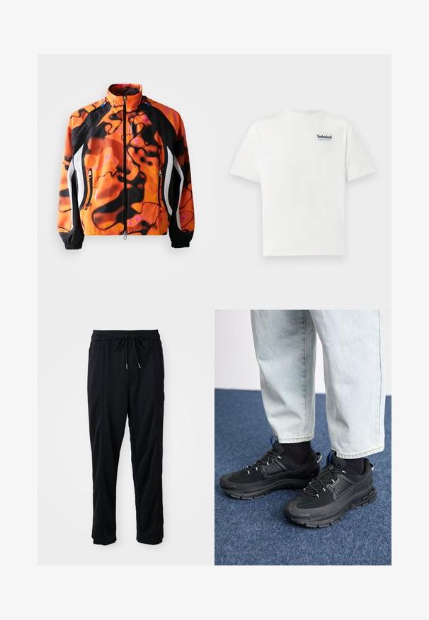 Jachetă strălucitor portocalie și neagră cu modele abstracte, închidere cu fermoar, guler înalt, manșete elastice și accente albe pe laterale.; Tricou alb din bumbac, cu un logo albastru brodat "Timberland Rugged Active Gear" pe partea superioară stângă a pieptului. Mâneci scurte și gât rotund.; Pantaloni casual negri cu șnur la talie, cu buzunare laterale și croială dreaptă, pe un fundal simplu.; Pantofi sport negri, cu țesătură texturată și tălpi din cauciuc, având șireturi elastice și un accent albastru pe toc. Purtați cu pantaloni din denim deschis.