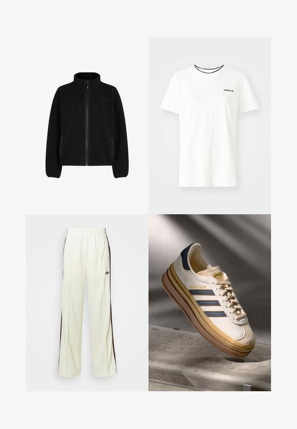 Fleece jack in uni zwart met een hoge kraag, volledige rits, zijzakken en een gestructureerde afwerking. Voorzien van elastische manchetten en een elastische onderkant.; Witte katoenen t-shirt met korte mouwen en een ronde halslijn. Heeft een zwart Adidas-logo op de borst en een contrasterende zwarte binnenkraag.; Crème-kleurige sweatpants met een relaxte pasvorm, voorzien van donkerbruine zijstrepen en een geborduurd logo op de linkerdij.; Adidas Gazelle sneaker met een crème suède bovenwerk, blauwe leren accenten, drie blauwe strepen, beige tussenzool en een bruine rubberen outsole.