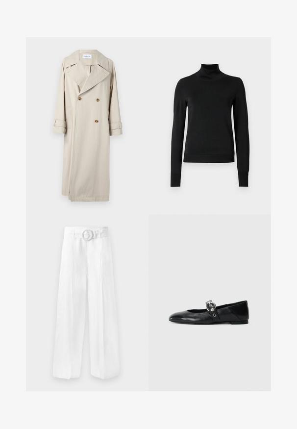 Béžový trenčkot vyrobený z bavlny, s dvojitým predným zapínaním, veľkými chlopňami a detailmi na gombíky. Obsahuje bočné vrecká a manžety na rukávoch.; Čierny dlhý rukáv rolák s rebrovanými manžetami a lemom, zobrazený na čistej bielej pozadí.; Široké biele ľanové nohavice s opaskom s obručou. Hladká štruktúra s voľným strihom, bez viditeľných vzorov.; Čierne kožené baletky s špicatou špičkou, so pásikom s okrúhlou kovovou sponou a plochou podrážkou.
