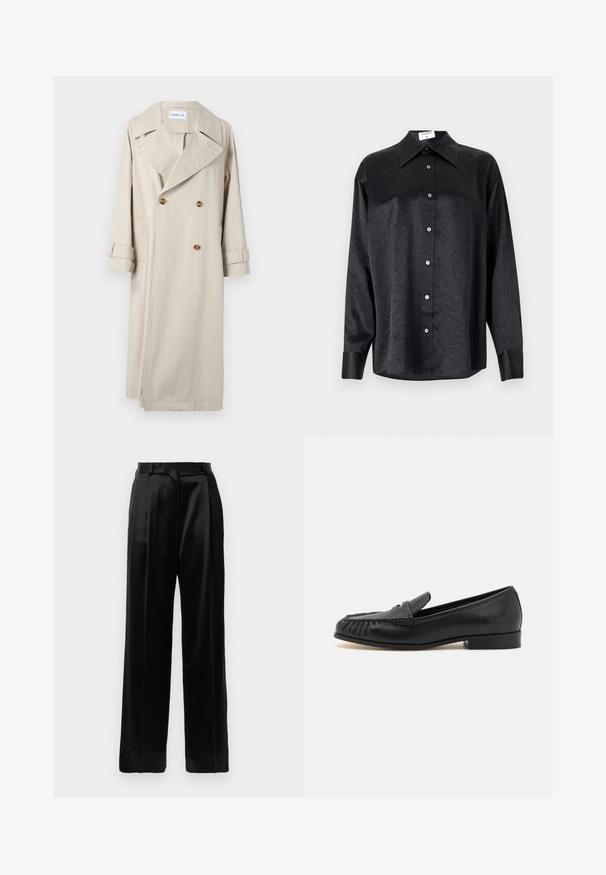 Μπεζ αδιάβροχο από βαμβάκι, με διπλή μπροστινή κλείσιμο, μεγάλα πέτα και διακοσμητικά κουμπιά. Περιλαμβάνει πλευρικές τσέπες και μανίκια με τελείωμα.; Μαύρο πουκάμισο μακρύ μανίκι με γιακά, πλούσια υφή, πλήρη κουμπί μπροστά και μανσέτες. Φτιαγμένο από μαλακό ύφασμα.; Μαύρο σατέν παντελόνι ψηλής μέσης με ίσιες φαρδιές μπατζάκια, θηλιές ζώνης και επίπεδο κλείσιμο σε λευκό φόντο.; Μαύρες δερμάτινες loafers με στρογγυλεμένη μύτη, featuring πλεκτό σχέδιο μπροστά, χαμηλό τακούνι και λεία επιφάνεια. Χωρίς επιπλέον στολίδια.