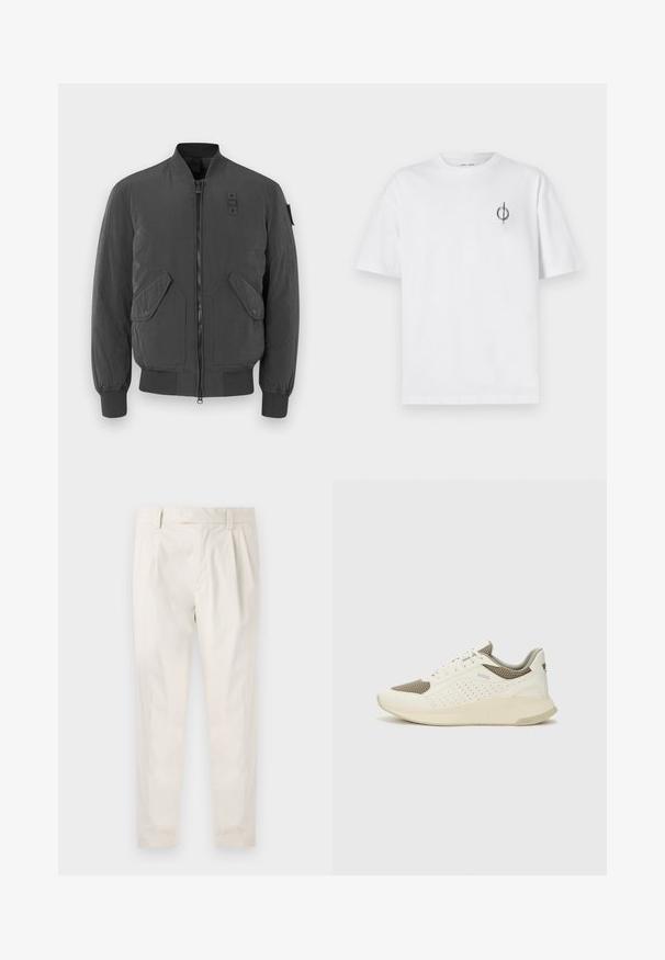 Σκούρο γκρι μπουφάν bomber με κλείσιμο φερμουάρ, ριμπ μανσέτες και γιακά, δύο μεγάλες μπροστινές τσέπες και ένα ύφασμα λάδι κοντά στον λαιμό.; Λευκό βαμβακερό t-shirt με άνετη εφαρμογή, που διαθέτει ένα μικρό μαύρο γραφικό λογότυπο στην αριστερή πλευρά του στήθους. Βραχίονες κοντοί, στρογγυλή λαιμόκοψη.; Λευκό, πτυχωτό παντελόνι με προσαρμοσμένη εφαρμογή, που διαθέτει λεία υφή, θηλύκια για ζώνη και κωνικά πόδια. Χωρίς ορατές τσέπες ή σχέδια.; Λευκό και ανοιχτό μπεζ αθλητικό παπούτσι, με επάνω μέρος από διχτυωτό υλικό, διακοσμήσεις με περφορέ και υφή στην ενδιάμεση σόλα με επωνυμία στη φτέρνα.