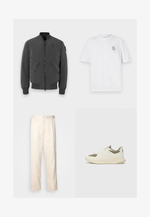 Tmavošedá bomber bunda so zipsom vpredu, rebrovanými manžetami a golierom, dvomi veľkými prednými vreckami a textilnou nášivkou pri výstrihu.; Biela bavlnená tričko s voľným strihom, s malým čiernym grafickým logom na ľavej strane hrudníka. Krátke rukávy, okrúhly výstrih.; Béžové bavlnené nohavice so strihom rovného nohu, s gombíkovým zapínaním a záhybmi vpredu pre pridanie detailu.; Biele a svetlo béžové športové tenisky s hornou časťou z mriežkového materiálu, perforovanými detailmi a textúrovanou medzipodrážkou s logom na päte.