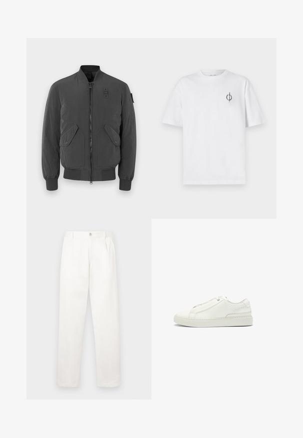 Chaqueta bomber gris oscuro con cierre de cremallera en el frente, puños y cuello acanalados, dos grandes bolsillos frontales y un parche de tela cerca del cuello.; Camiseta de algodón blanca con un corte relajado, con un pequeño logotipo gráfico negro en el área del pecho izquierdo. Mangas cortas, estilo cuello redondo.; Pantalones blancos hechos de una tela suave, con un diseño de pierna recta, pliegues en la parte frontal y un cierre de botón en la cintura.; Zapatilla de cuero blanco con un upper texturizado, punta redonda, diseño minimalista y suela de goma con detalles cosidos.