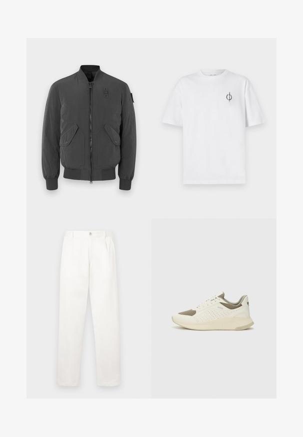 Tumši pelēks bomber jakas ar rāvējslēdzēju priekšpusē, ribotām aprocēm un apkakli, divām lielām priekšējām kabatām un auduma uzlīmi netālu no kakla. ; Bāla kokvilnas t-kreklu ar brīvu piegulšanu, kuram uz kreisā krūšu apvidus ir neliels melns grafiskais logotips. Īsas piedurknes, apaļas kakla izgriezums.; Baltas bikses, izgatavotas no gludas auduma, ar taisnu kāju dizainu, priekšējiem krokām un vienu pogu aizdari jostasvietā.; Baltas un gaiši bež sporta apavi, ar sieta augšdaļu, perforētiem detaļām un teksturētu vidusdaļu ar zīmolu uz papēža.