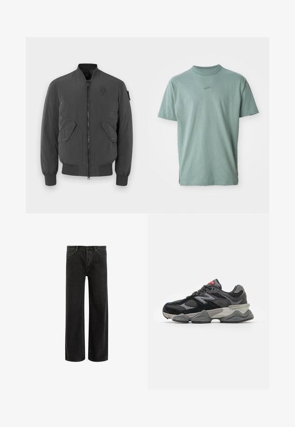 Dark gray bomber jacket with a zip front, ribbed cuffs and collar, two large front pockets, and a fabric patch near the neckline.; Green cotton t-shirt with short sleeves, ribbed crew neckline, and embroidered Nike logo on the chest. Smooth texture and relaxed fit.; Black denim wide-leg jeans with a high waist, featuring classic five-pocket design, and subtle fading for a textured appearance.; Black and gray sneaker with a mix of suede and mesh materials, thick sole, prominent logo, and red accent on the tongue.