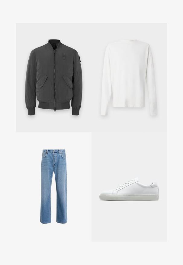 Tumehall bomber-jakk, millel on lukuga eesmine osa, ribitud mansetid ja krae, kaks suurt esi-taskut ning kangast tempel kaeluse lähedal.; Pikad varrukad, valge puuvillane särk ümmarguse kaelusega, külgedel lõhikud all ja sile tekstuur, nähtav tagant.; Heledad sinine teksapüksid otse lõikega, viie taskuga, nupuga sulgemine, minimaalne kulumine ja kontrastsed õmbluse detailid.; Valge tennisetoss, millel on sile nahk pealis ja madal profiil. Omab ümarat ninaosa, kuut silmust ja tekstuuriga kummist talda.