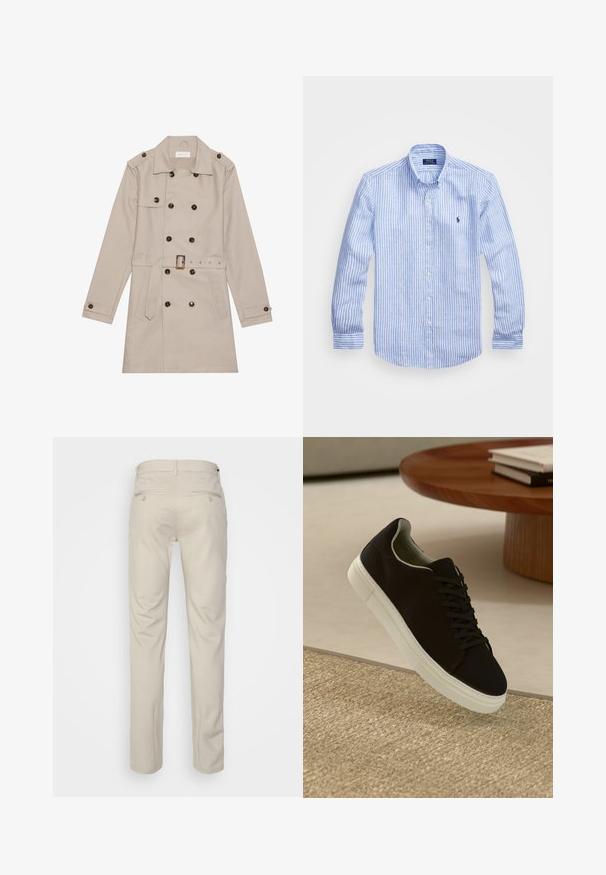 Beige trenchtulajdonságú kabát, dupla gombolással, nagy sötét gombokkal, övvel ellátott derékkal, vállpántokkal és két elülső zsebbel.; Kék és fehér csíkos, hosszú ujjú pamut ing, gombos gallérral, elől gombokkal és egy kis hímzett logóval a mellkason.; Beige nadrág sima felülettel, egyenes szabással, két gombos hátsó zsebbel és normál derékrésszel.; Fekete sneakers fehér talppal lebeg egy bézs textúrájú szőnyeg felett, egy kerek fából készült asztal közelében, rajta egymásra pakolt könyvekkel.
