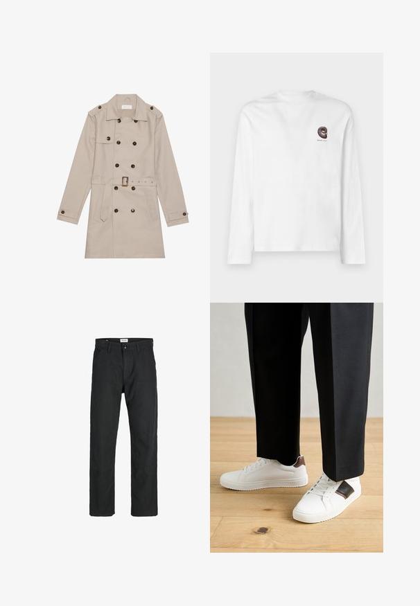 Beżowy płaszcz trench z podwójnym zapięciem, dużymi ciemnymi guzikami, paskiem w talii, naramiennikami oraz dwiema przednimi kieszeniami.; Biała koszulka z długim rękawem wykonana z bawełny. Posiada mały, ciemnobrązowy nadruk na piersi. Klasyczny okrągły dekolt i prosty krój.; Czarne spodnie wykonane z trwałego materiału, z prostym krojem nóg, przeszyciami i dwiema przednimi kieszeniami dla funkcjonalności.; Białe trampki o gładkiej fakturze, z brązowymi skórzanymi akcentami i czarnymi detalami, zestawione z czarnymi eleganckimi spodniami. Tło stanowi drewniana podłoga.