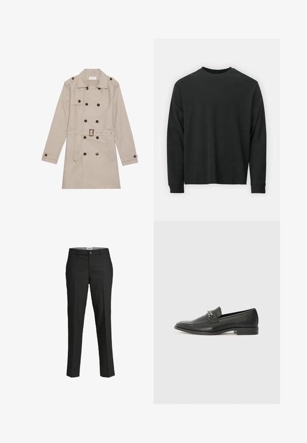 Bež kaput s dvostrukim kopčanjem, velikim tamnim gumbima, pojasom u struku, epauletima na ramenima i dva prednja džepa.; Dugi rukav crni majica od pamuka, s okruglim izrezom, slobodnog kroja i rebrastim manžetama. Glatka tekstura bez vidljivih uzoraka.; Crne hlače, krojene u prilagodljivom fitu, glatka tkanina, srednji struk, prednje kopčanje na dugme, dijagonalni džepovi i pregibi duž nogu.; Crna kožna loafer cipela s glatkom finišem, s ušivenim uzorkom i dekorativnim metalnim lancem preko prednjeg dijela. Ravni potplat.
