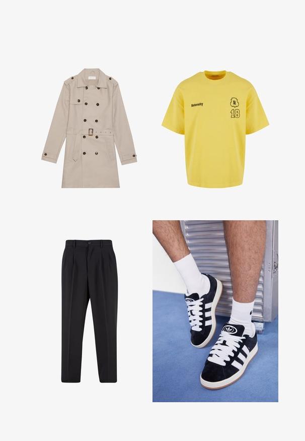 Trench beige con diseño de doble botón, grandes botones oscuros, cintura ceñida con cinturón, hombreras y dos bolsillos frontales.; Camiseta de algodón amarilla con cuello redondo, mangas cortas, que presenta el texto impreso en negro "Reternity" y los números "18" con un acento decorativo.; Pantalones negros con un diseño de frente plisado, hechos de una tela suave. Cuentan con un cierre de botón y pasadores para cinturón; corte recto.; Zapatillas de ante negras con cordones blancos y tres rayas blancas. Presentan un logotipo circular negro en la lengüeta y una suela de goma color caramel.